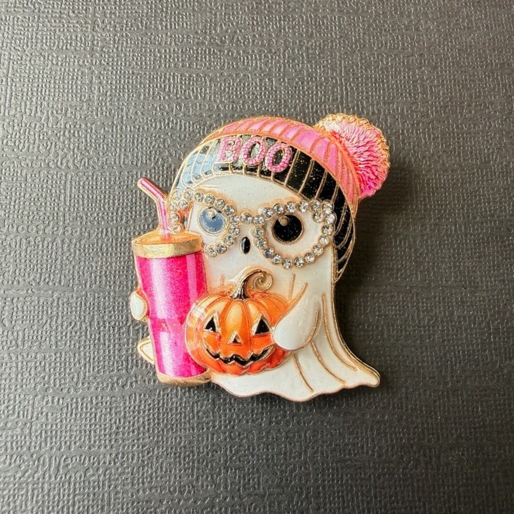Cute Boujee Halloween Ghost Brooch Pin with Pink Tumbler & Pumpkin Boo Enamel